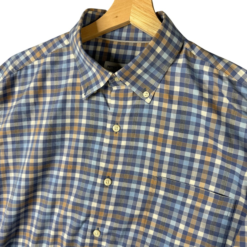 Peter Millar Crown Crafted Dust Plaid Performance Shirt Blue Brown L MF23W13LTB